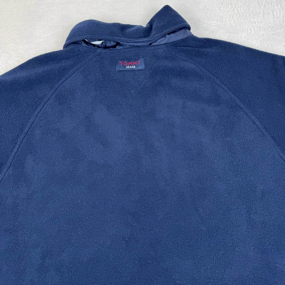Vintage Tommy Jeans Fleece Pullover Mens Large Navy Blue 1/4 Zip Packable Hood